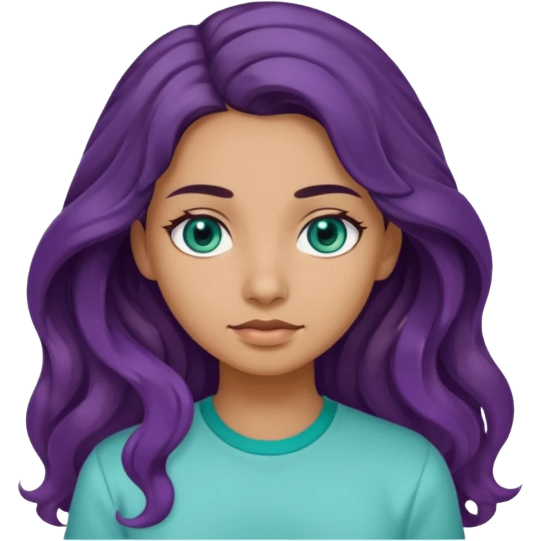 Girl with olive skin, teal eyes and dark very wavy long hair light purple shirt emoji