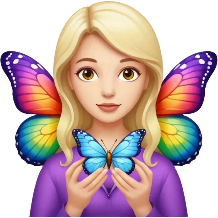 Cabelos de cor morro uma mulher branca com uma borboleta na sua mão emoji