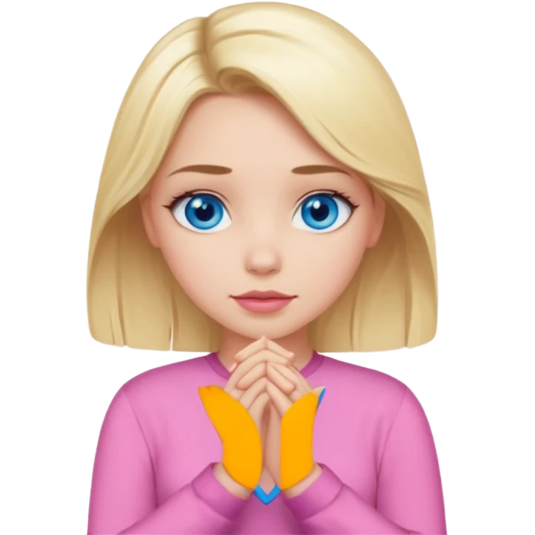 A girl with blue eyes, full lips and blonde hair in a pink blouse shows no with her hands, crossing them emoji