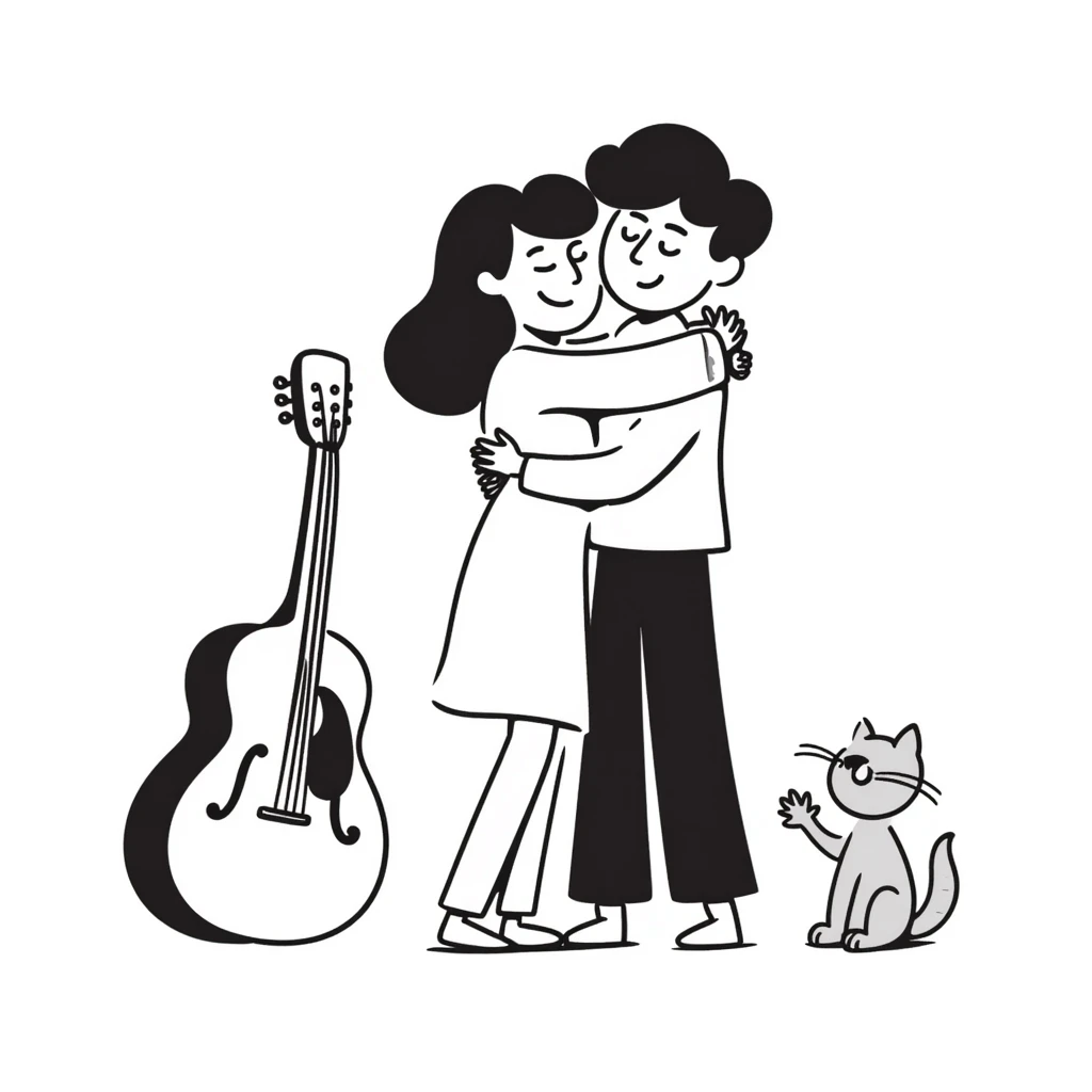 Two happy musicians hugging each other, smiling, friendly embrace, musical instruments nearby emoji