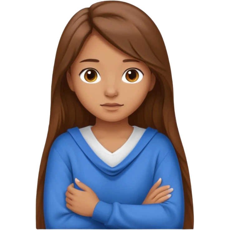 crea una ragazza giovane con i capelli marroni lunghi, una camicia bianca e un maglioncino blu appoggiato sulle spalle emoji