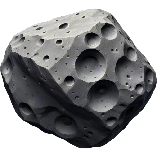  Cinematic Realistic Asteroid – A massive, irregularly shaped rock floating through the void, its cratered and pitted surface showing signs of ancient impacts. The harsh light from a nearby star reveals detailed textures and rugged, jagged edges. emoji