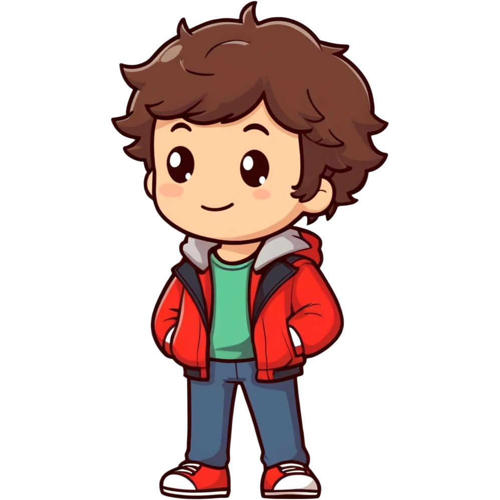 Garoto de cabelo castanho ondulado usando uma jaqueta vermelha full body  emoji