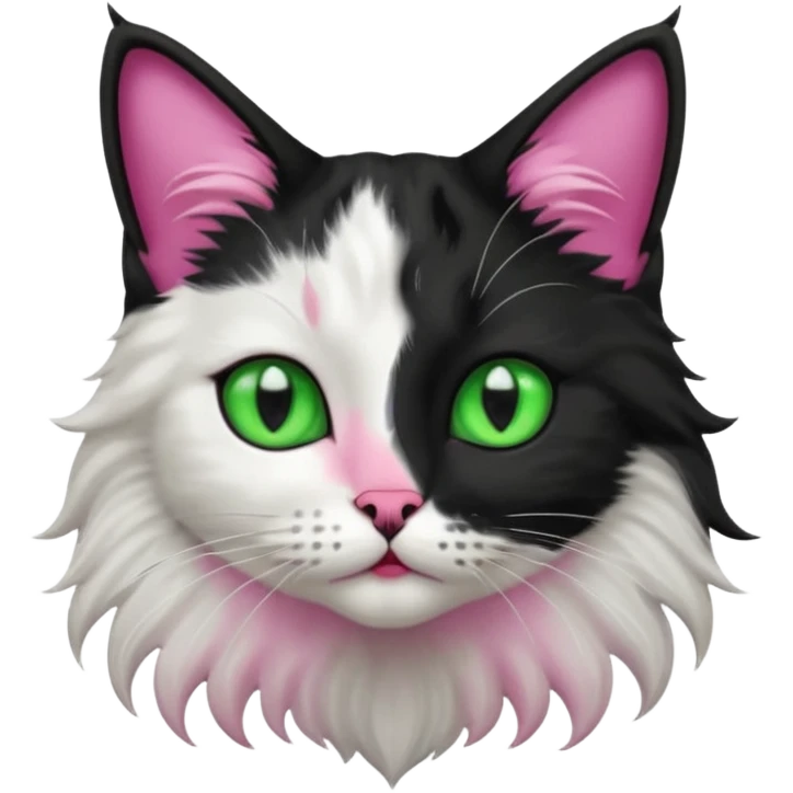 black and white long hair cat. green eyes. black nose and pink lips. black splotch in the shape of a star near nose (on the right side) emoji