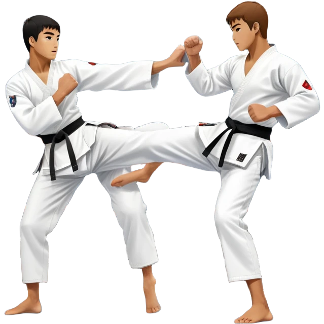 Two taekwondo fighters in traditional white doboks with black belts compete in a dynamic match. One delivers a high kick, while the other blocks using their knee. The background features a professional arena with bright lights and spectators. Transparent background. emoji
