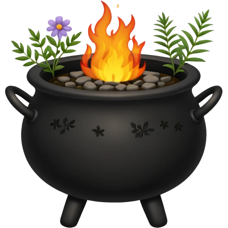 Black patterned cauldron with herbs flowers and fire  emoji