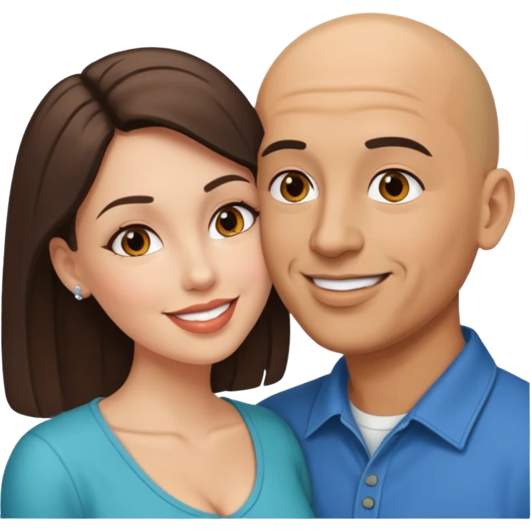 Bald Hispanic man kissing white brunette woman emoji