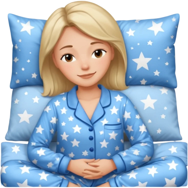 {
      "type": "human",
      "look": "woman in star-print pyjamas, soft blue set, sleepy smile",
      "description": "a woman in soft blue star-print pyjamas smiling sleepily"
    } emoji