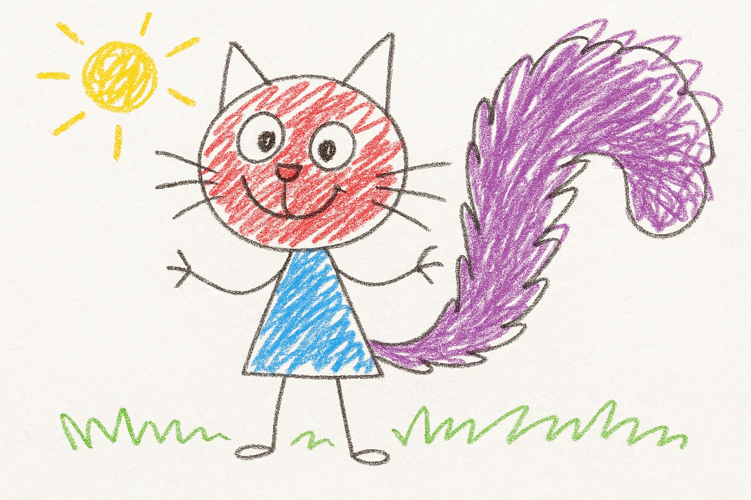 a playful cat with a big tail, children's doodle style emoji