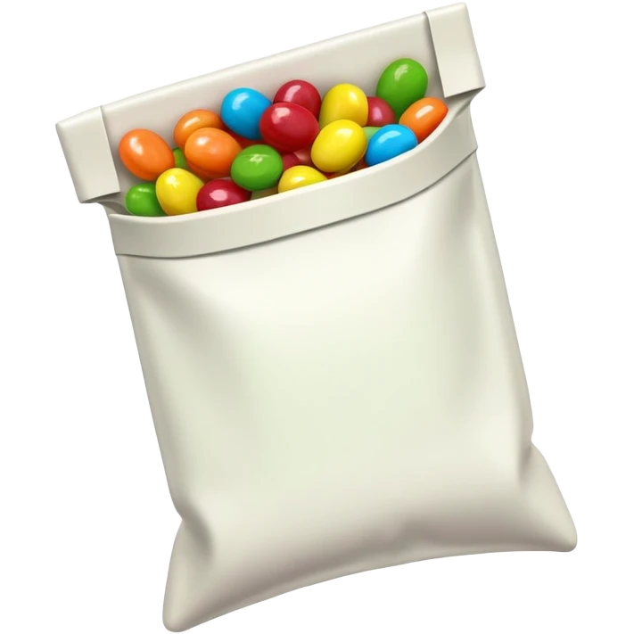 Extremely simplified half-open Skittles pouch with just a few green candies peeking out. Clean rainbow colored minimal design. emoji