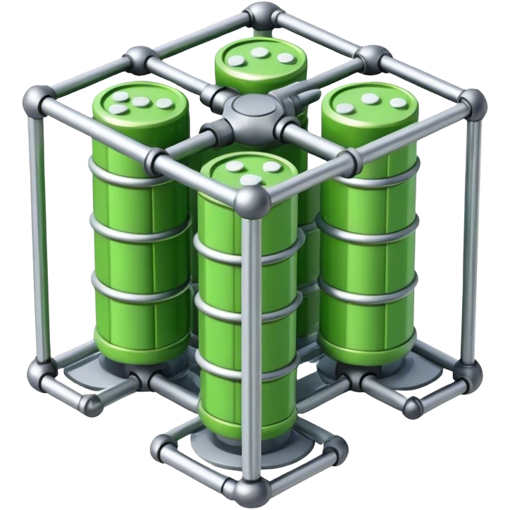 A bundle of uranium fuel rods used in a nuclear reactor, with a metallic structure and cylindrical rods, arranged in a hexagonal grid, futuristic and industrial style emoji