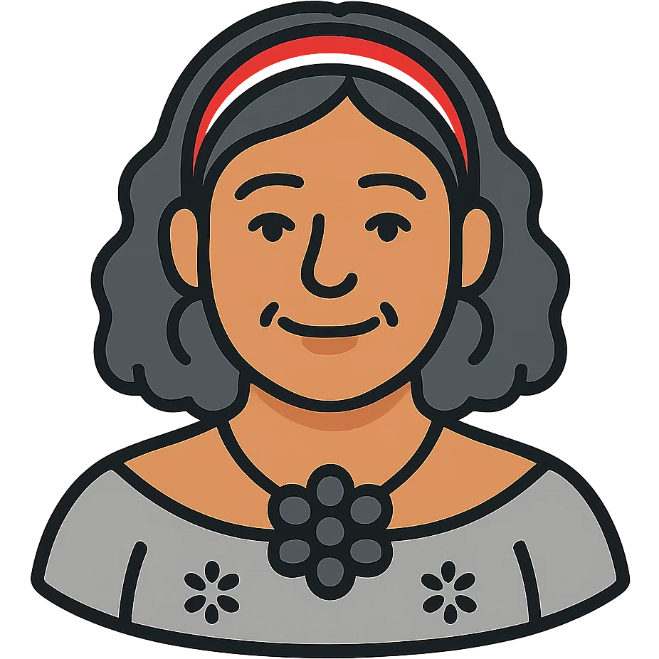 Latina woman around 50 years old, warm light brown skin, soft round face with slightly prominent cheeks, neutral-pleasant expression, wavy shoulder-length hair mixed black and gray, red and white headband, medium eyes with thin subtly painted eyebrows, discreet kind smile, gray peasant blouse with decorative embroidery and bare shoulders, dark large stone or flower necklace, warm maternal energy emoji