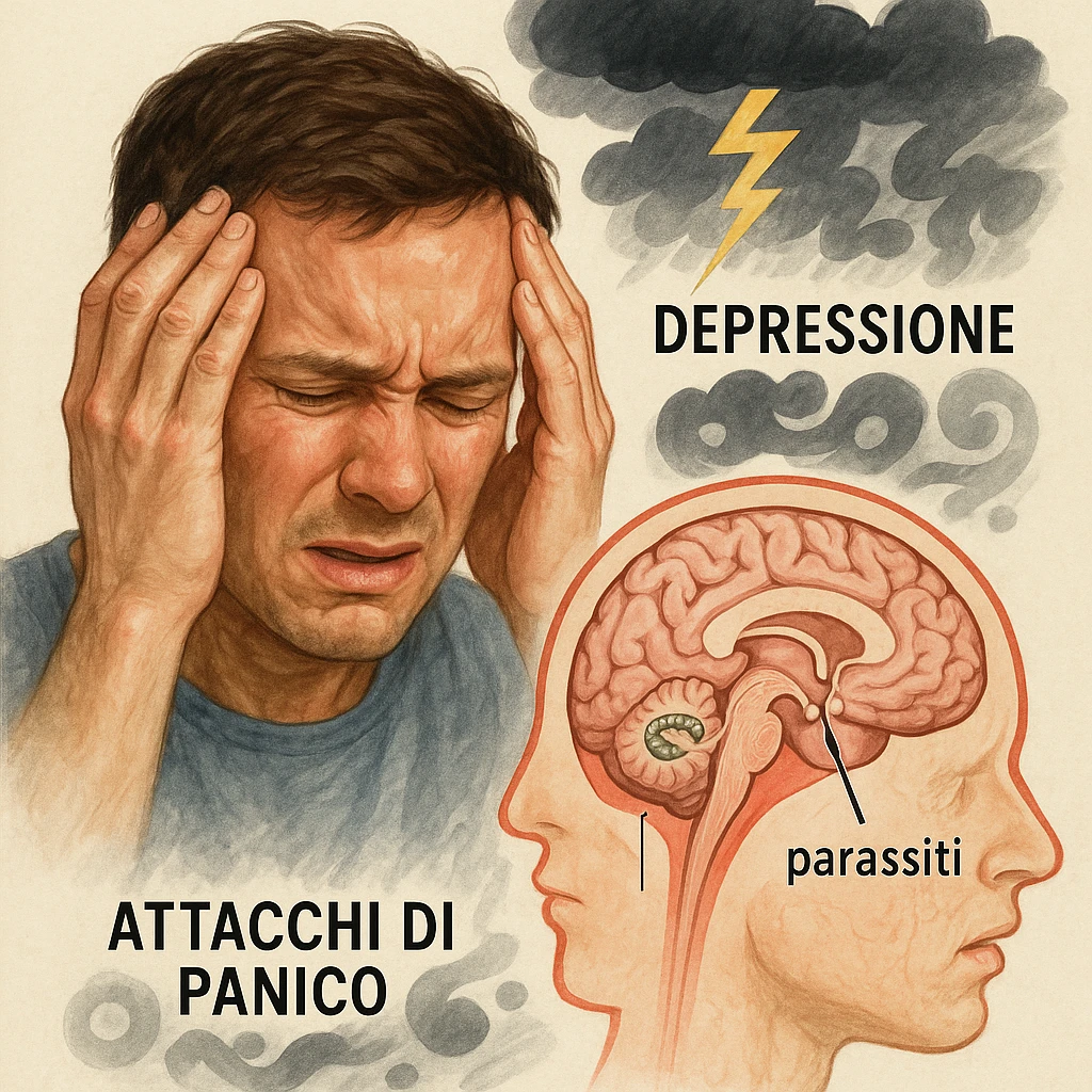 realistic medical illustration of a person with a distressed expression holding their head, with a stylized cross-section of the brain showing parasites, visual elements suggesting depression and panic attacks such as dark clouds, lightning, or abstract shapes, Italian labels, educational and respectful, no explicit details emoji