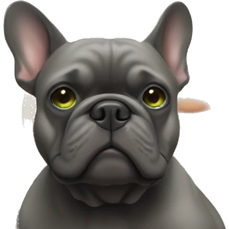 A blonde girl with green eyes with a square hugs a dark gray French bulldog emoji