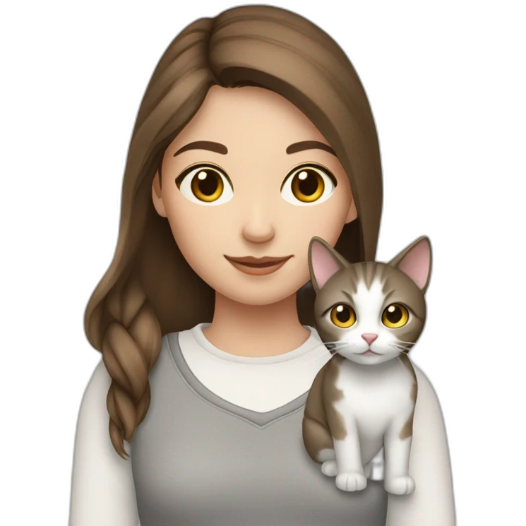 girl with brown hair with 2 cats gray and white emoji