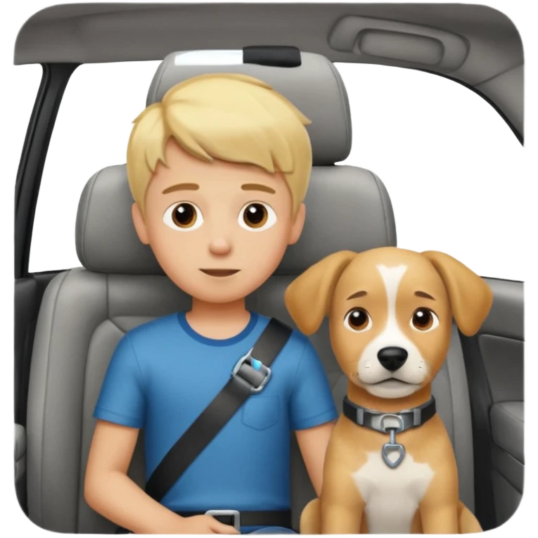 blonde boy in car interior with the dog  emoji
