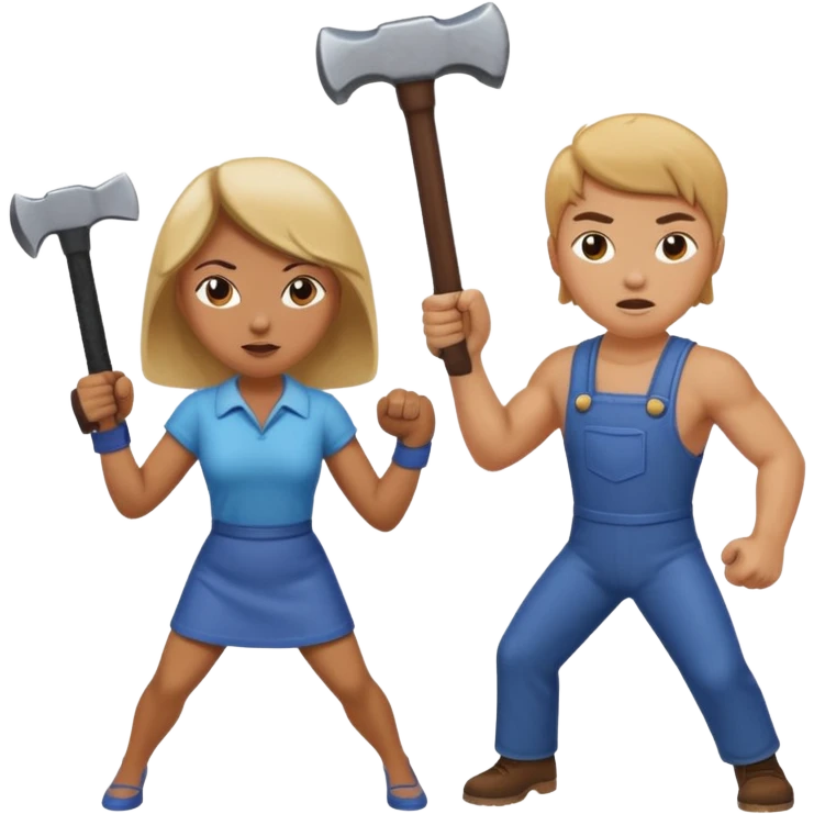 woman fightng man with a hammer and winning emoji