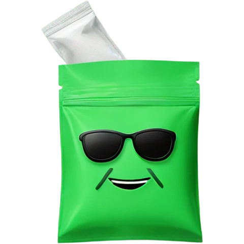 green nicotine pouch with a smile and shades emoji