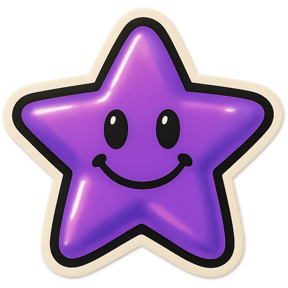 purple star with a smiling face, bold outlines, vintage sticker style emoji