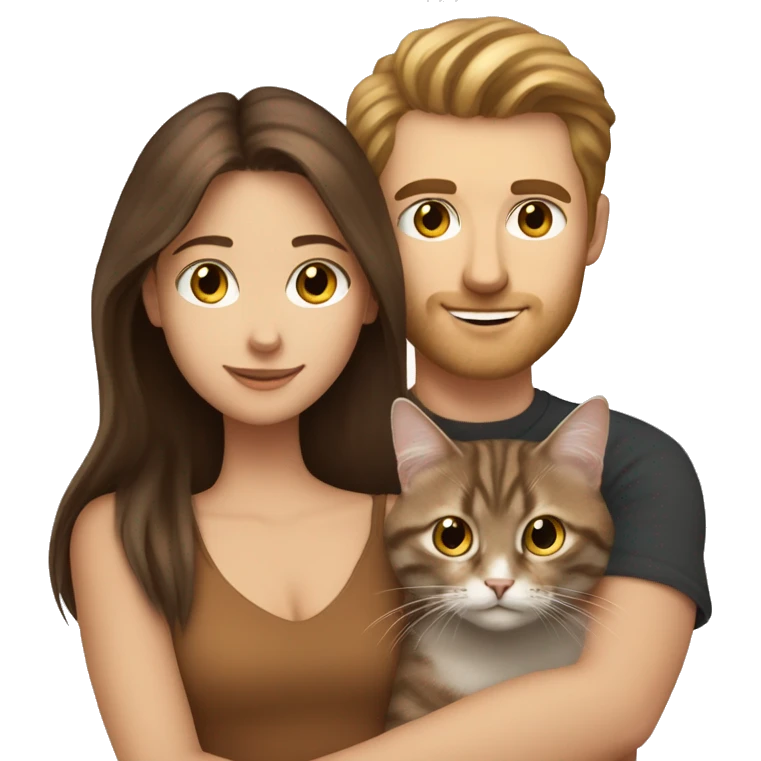 Long Brown hair girl and brunette white man holding tabby cat  emoji