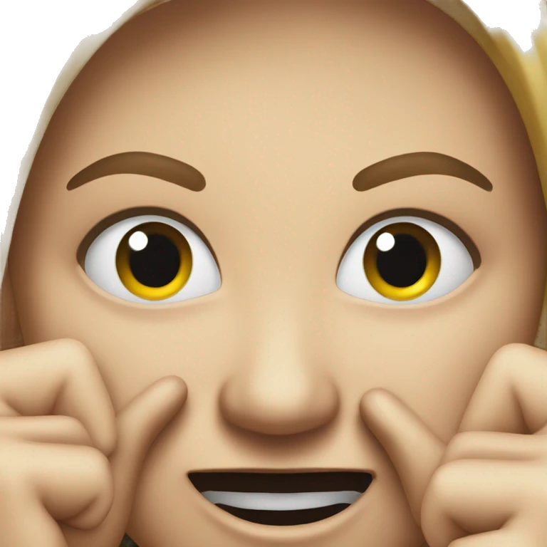 Provocative smiling face. Hands pointing to mouth. Not from close up but from far away. emoji