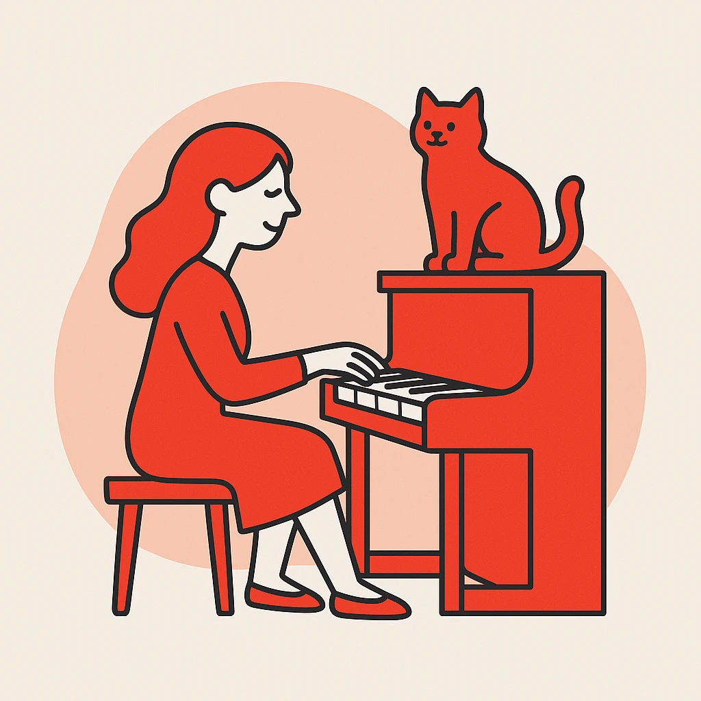 woman playing piano while her cat sits on top of the piano emoji