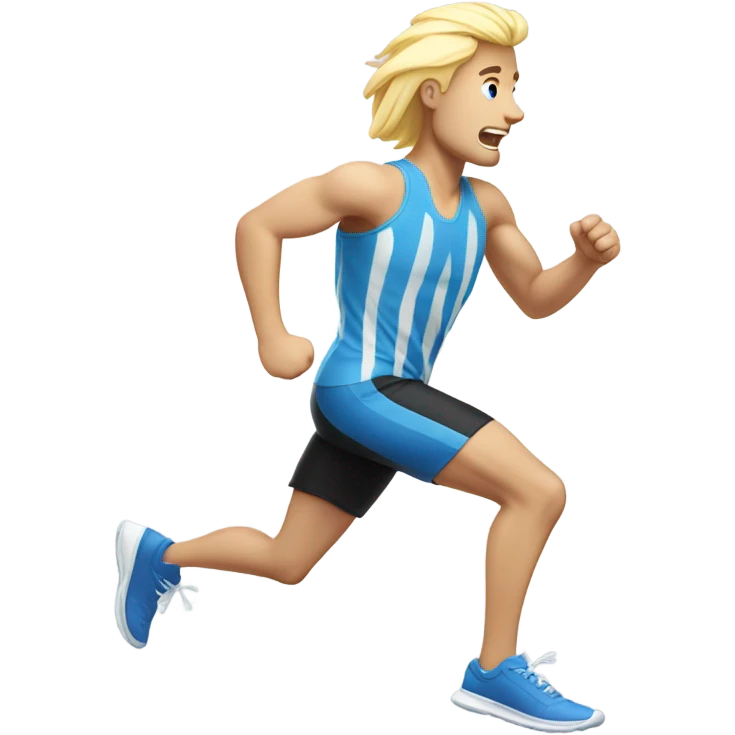 guy running on a treadmill wearing black shorts, a white-blue striped jersey, having blond hair and blue shoes emoji
