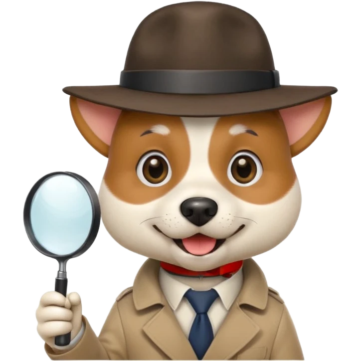 smiling dog emoji, detective hat tilted, holding magnifying glass in mouth, clean iconic style, apple emoji style emoji