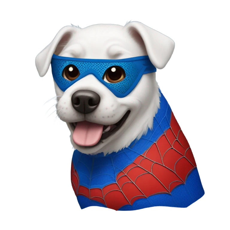 A dog dressed as spiderman emoji