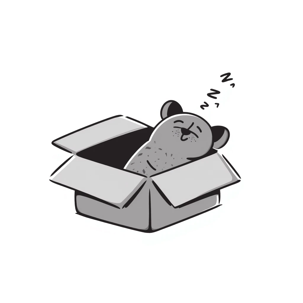 emoji of sleeping box, box is brown colored, open and empty, with a tiny Zzz bubble emoji
