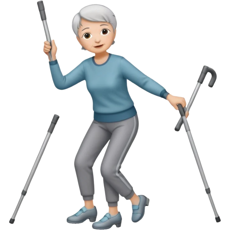 elderly woman with pants, short grey hair, and dancing th crutches                    and with a sorry look emoji