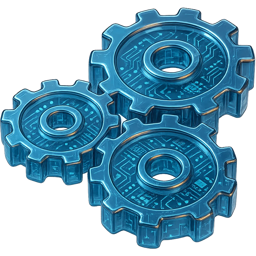 a detailed set of three round gears, shiny, metallic, in glossy circuit style design, high-tech, intricate details, vibrant reflections emoji