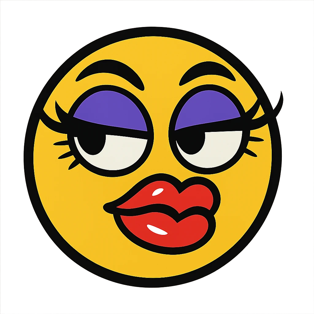 sassy yellow emoji face with long curled eyelashes, thick glossy lips, smirking expression, dramatic eyeshadow, side-eye look, bratty attitude, vibrant toon style emoji