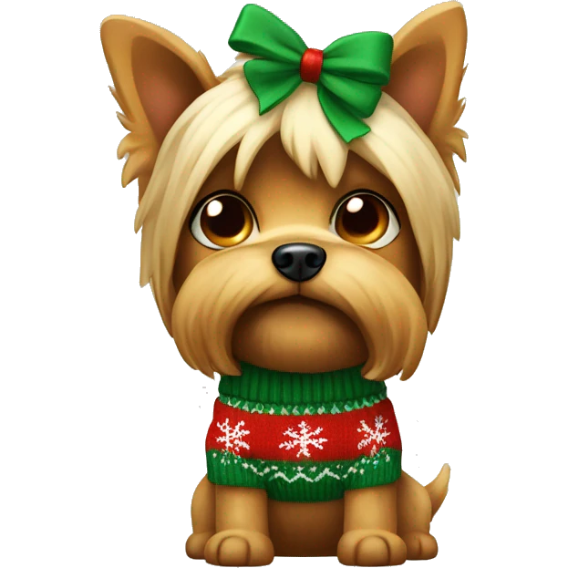 Yorkshire dog with a small bow on the head wearing chistmas sweater  emoji