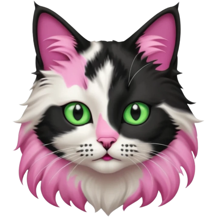 black and white long hair cat. green eyes. black nose and pink lips. black splotch in the shape of a star near nose (on the right side) emoji