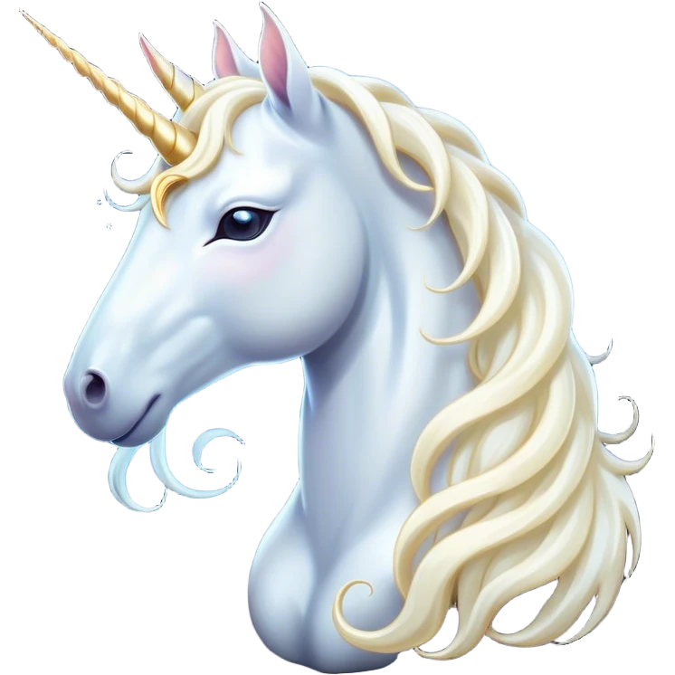 Beautiful and Majestic White Unicorn Portrait Emoji, Head and body exuding serene brilliance with a luminous, flowing mane and a gracefully spiraled horn, eyes gently closed in peaceful reverie, Simplified yet exquisitely enchanting features, highly detailed, glowing with a soft, celestial light, high shine, serene and utterly majestic, stylized with an air of timeless fantasy, soft glowing outline, capturing the essence of a beautiful and majestic white unicorn that embodies the pure magic of legend! emoji
