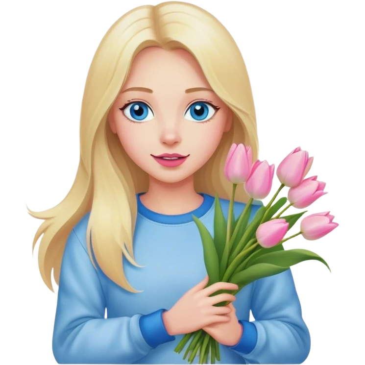 Cinematic realistic blonde with long hair, blue eyes and pink lips, dressed in jeans and a white sweatshirt, holding a bouquet of tulips in her hands emoji