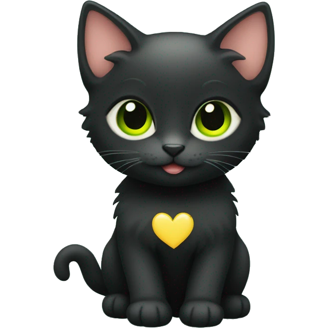 cute black kitten with yellow green eyes surrounded by hearts emoji