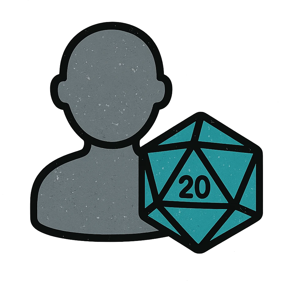 minimalist gray icon of a player silhouette with a D20 dice, worn distressed look emoji