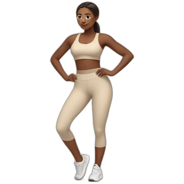 Woman in beige leggings and crop top doing cardio emoji