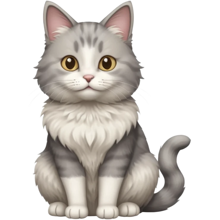 a realistic looking very fluffy grey and white cat sitting up straight emoji