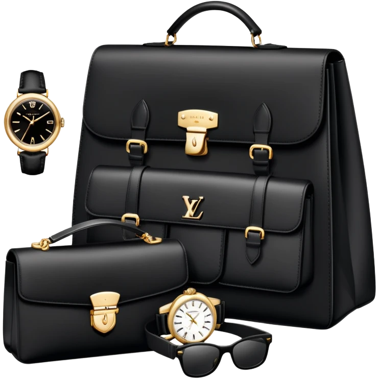 bag and watch, and glasses 1 specfic, all BLACK AND WHITE put together like a bundle with no face, all luxury items like lv and prada, and rolex emoji
