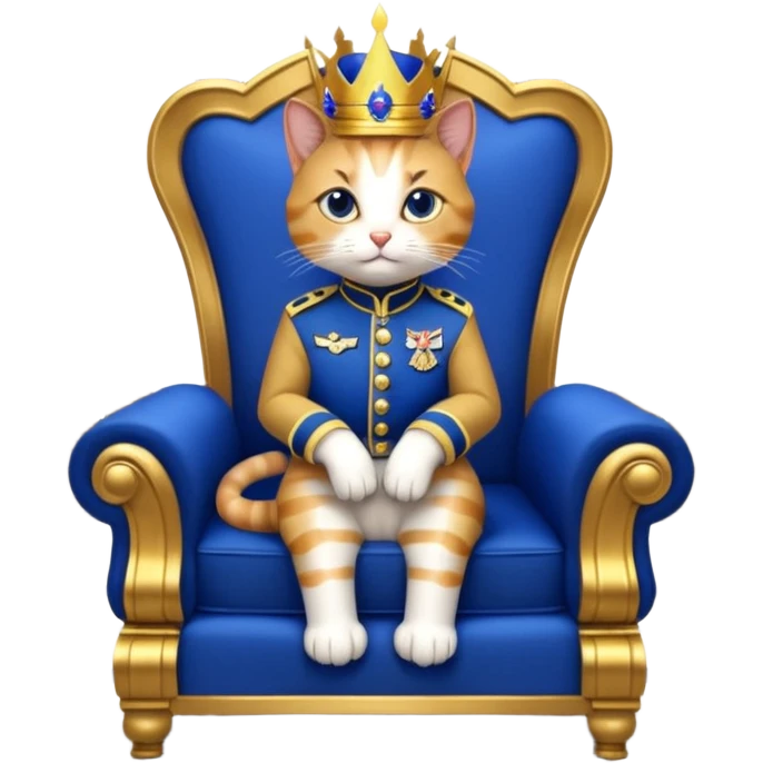"A regal anthropomorphic cat, dressed in a royal blue and gold military uniform, sitting on a lavish marble throne in a grand, dimly lit palace hall. Cinematic lighting, highly detailed, dramatic, 10 seconds, ultra-realistic."
​ emoji