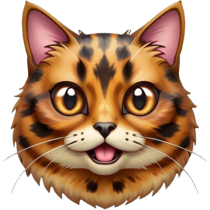 Cinematic Comical Tortoiseshell Cat Portrait Emoji, Head cocked dramatically with an over-the-top shocked expression, featuring a rich mottled fur of browns and blacks and wide, comically animated eyes full of playful disbelief, simplified yet hilariously detailed, glowing with a bold, sassy radiance, high shine, exuding a mischievous and spirited charm, styled with a soft glowing outline, capturing the essence of a tortoiseshell cat that appears ready to burst into comical antics! emoji