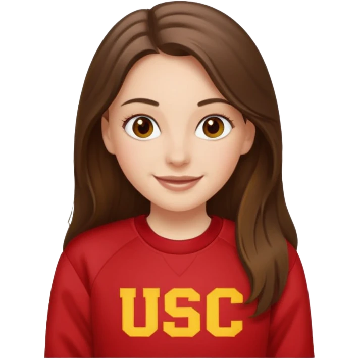 happy white long brunette hair girl with hazel eyes and in red USC sweatshirt emoji