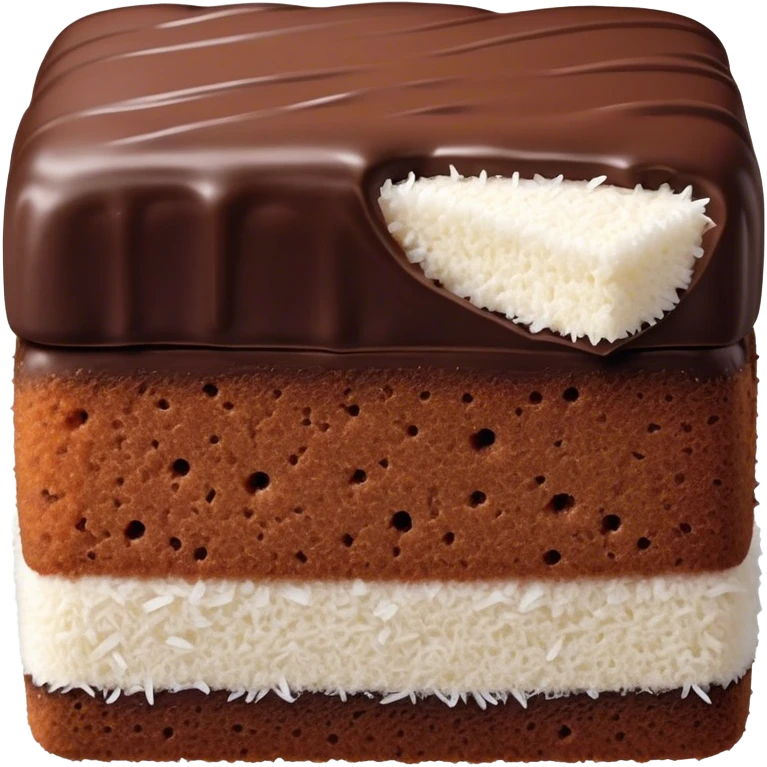 Lamington Cinematic Realistic Lamington Dessert Emoji, depicted as a sponge cake square coated in chocolate and dusted with coconut on all sides, rendered with lifelike textures and vibrant, tropical lighting. emoji