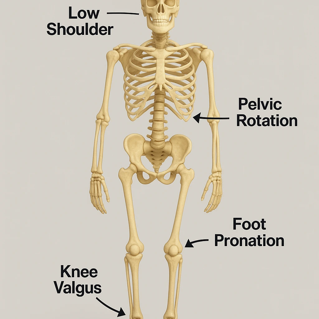 An anatomical illustration of limb length discrepancy (dismetria) in a medical style with a neutral background. The skeleton shows one leg shorter than the other, with pelvis and shoulders misaligned. Include arrows and labels indicating asymmetry, inspired by the reference image. emoji