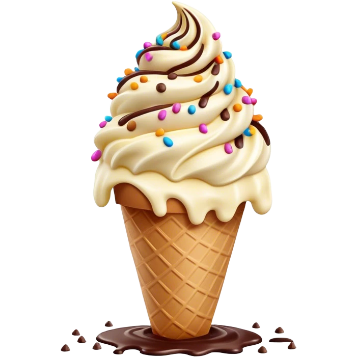 Cinematic scoop of rich, creamy ice cream, slightly melting, smooth swirls of chocolate and vanilla, colorful sprinkles on top, warm glowing background, playful and inviting. emoji