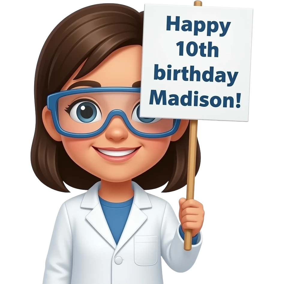 SMALL HEAD GIRL SCIENTIST HOLDING SIGN THAT SAYS HAPPY 10TH bIRTHDAY MADISON! emoji