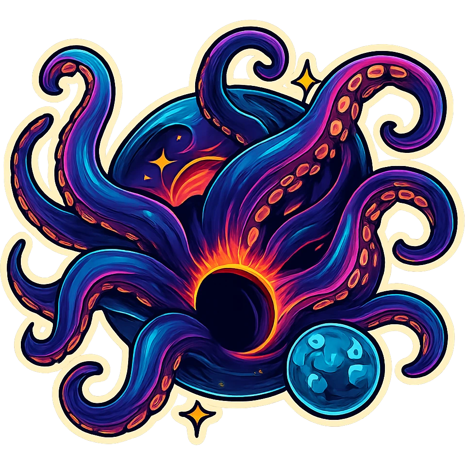 Edit the images to depict a cosmic monster coming through a hole in the sky in a retro sticker style. The scene should be dramatic with correct perspective and no background, preserving the retro sticker style look and feel. emoji